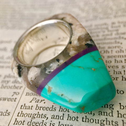 Talismanic Stone Ring in Petrified Wood, Turquoise, Hematite, Sugilite and Silver Size 14.5