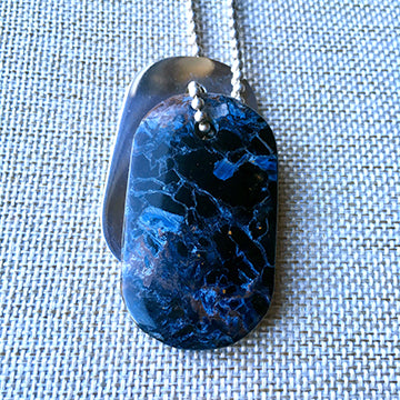 00014 Talisman of Blue Pietersite (Tempest Stone) and Silver Custom Stamped Goddess Tag Necklace