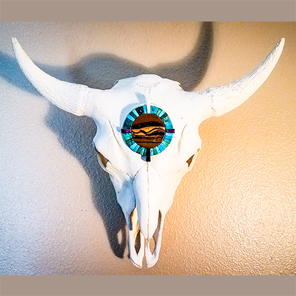 Cow Skull with Black Granite, Turquoise, Red Fiber Optic Glass and Aluminum