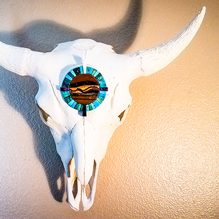 Bison Skull with Stone Intagria Design in Turquoise, Sugilate and Tiger's Iron